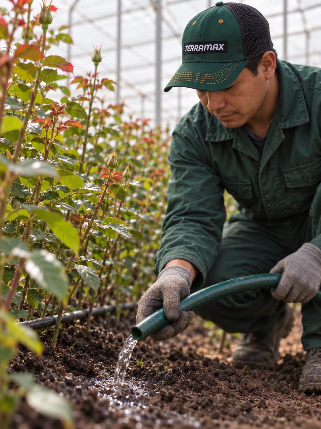 Operario en cuclillas aplicando al suelo de una cama de rosas con una manguera de punta abierta a unos 10 cm del piso; el agua cae libremente sobre la cama junto a la línea de riego por goteo