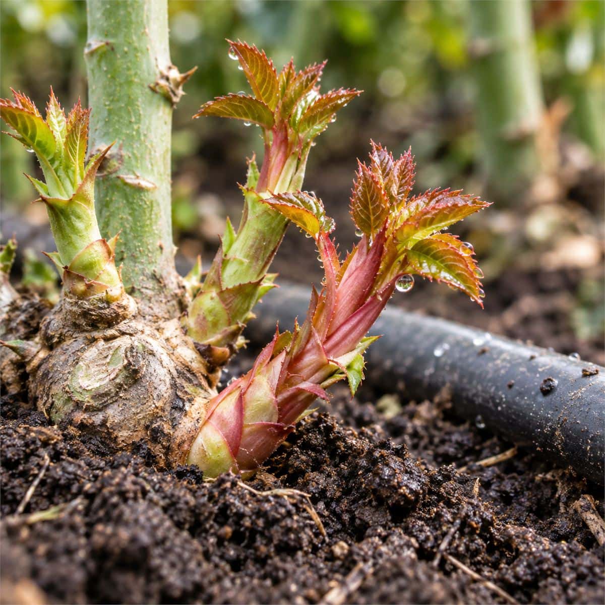Macrofotografía de brotes basales de rosa emergiendo del cuello de la planta, con tejido vigoroso y follaje sano, junto a la manguera de riego por goteo